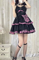 Schwarz/Rosa Plaid Print Farbkontrast Leder Schnalle Bowknot Rüschen Gothic Lolita JSK Kleid